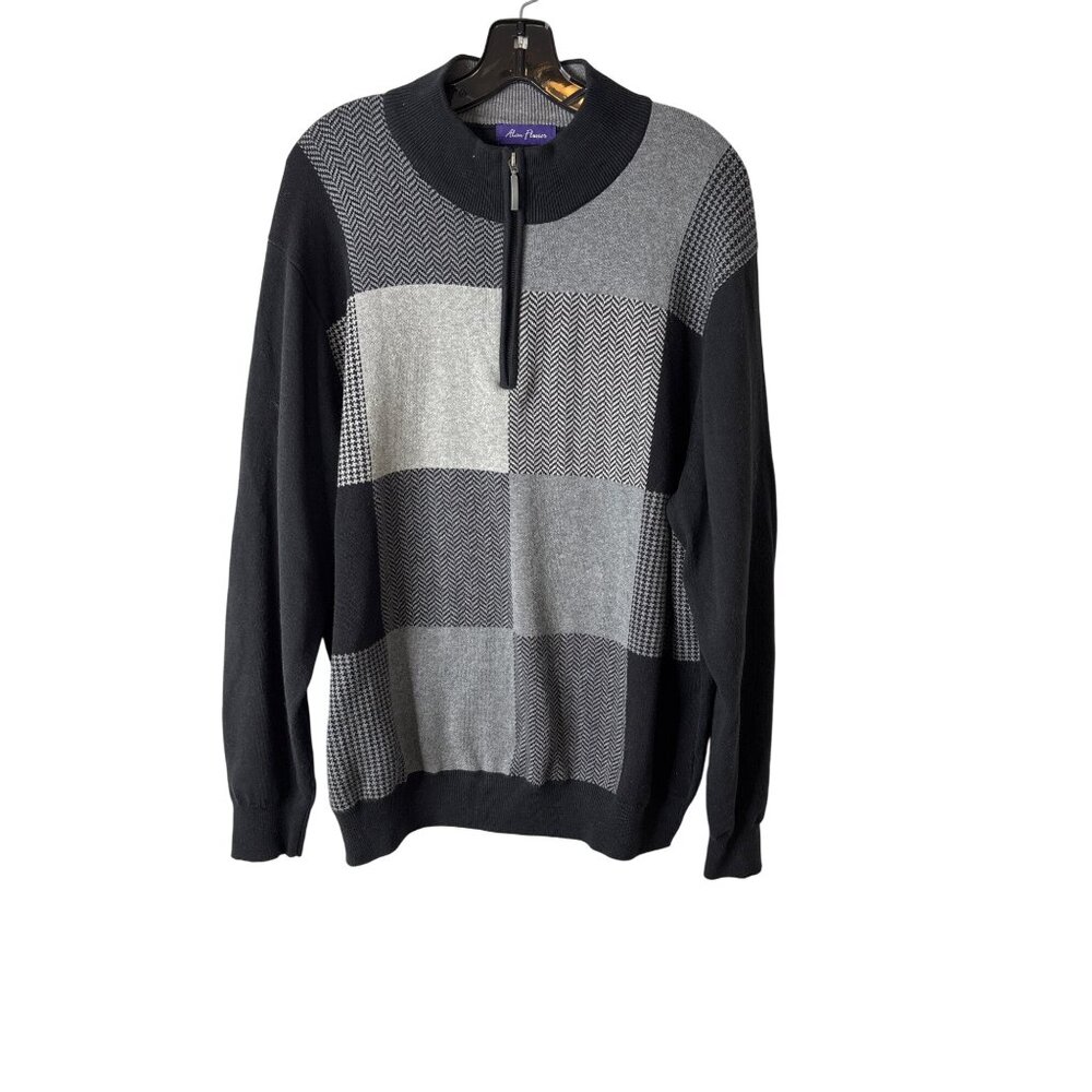 Alan Flusser Men's Cotton Black/Gray Large Check Sweater 1/4" Zip Size XL - Picture 1 of 9